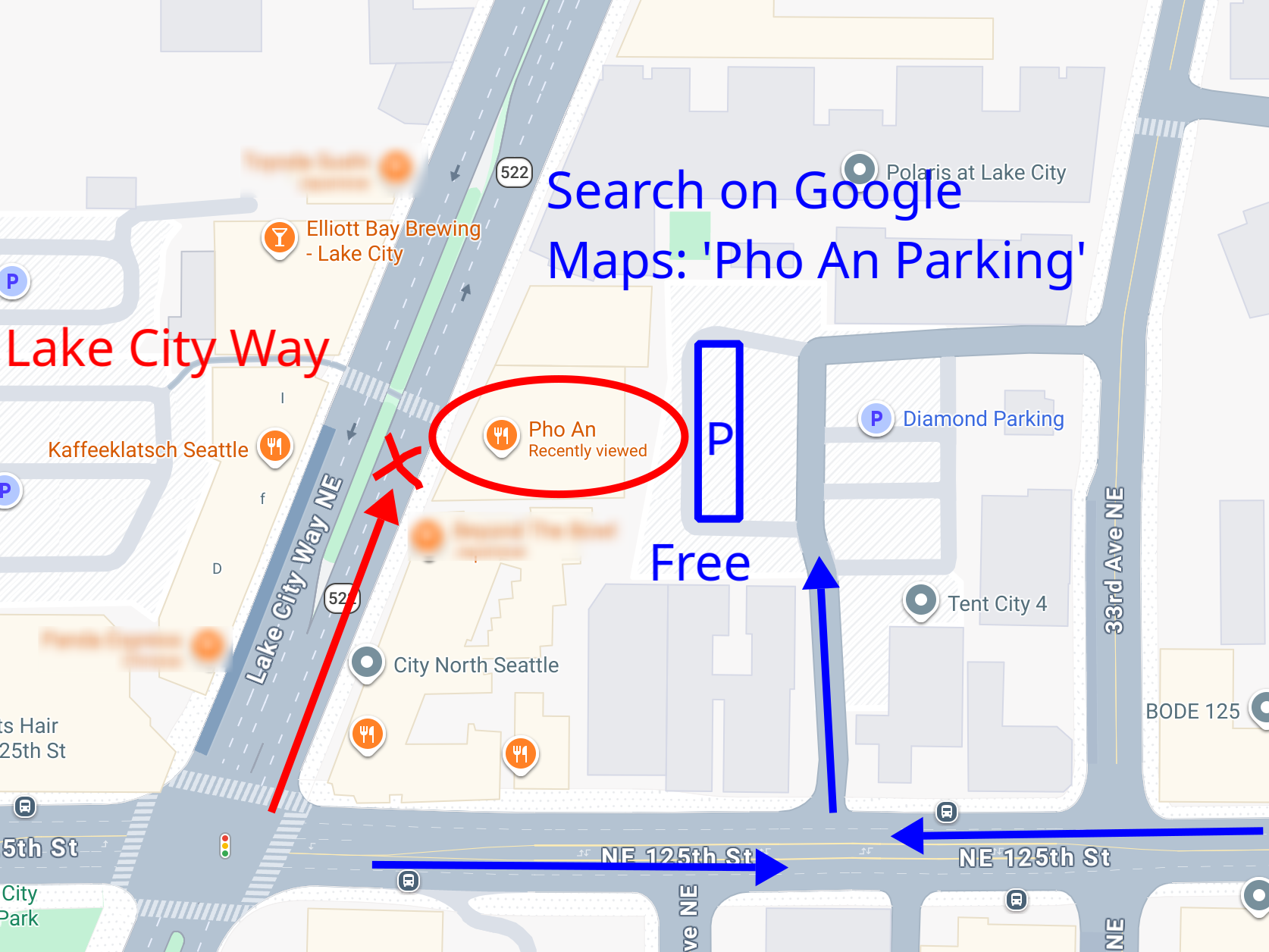 Map showing route from NE 125th St to the rear parking lot for Phở Ân