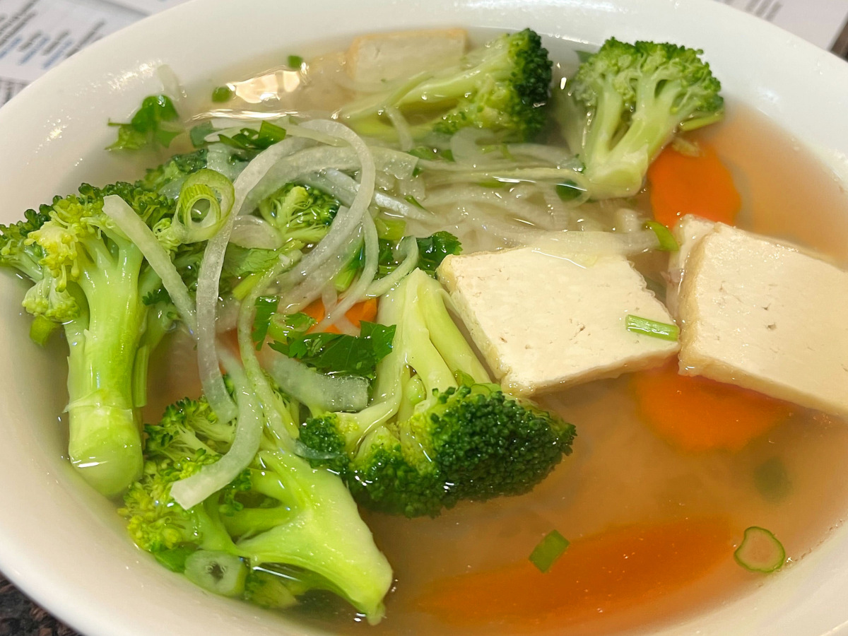 Bowl of vegan pho with vegetable broth